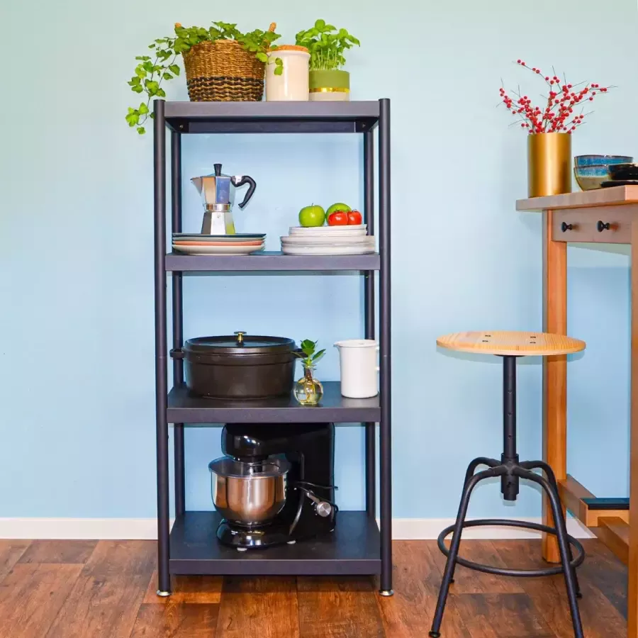 Shelfr Zwart Metalen Wandrek met 4 Niveaus 61x41x130 Industriële Opbergrek Woonkamer Keuken Kantoor