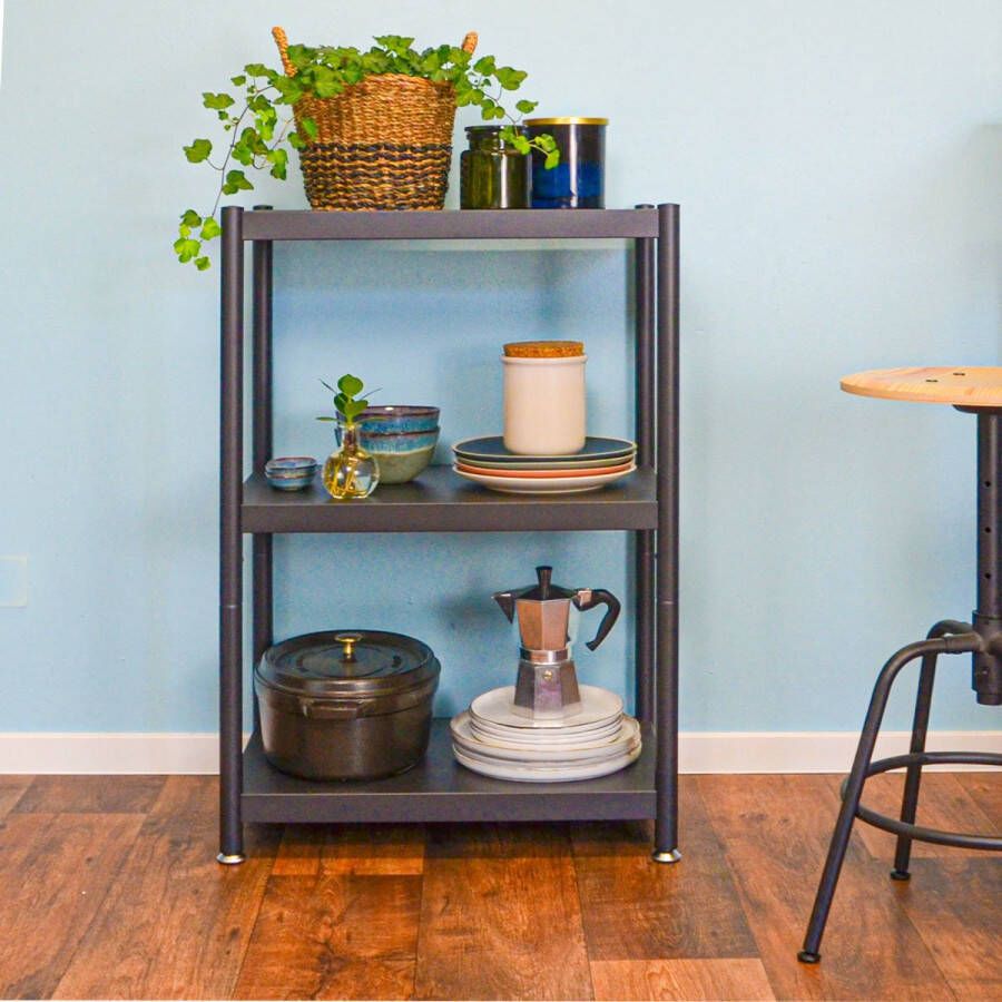 Shelfr Zwart Metalen Wandrek met 3 Niveaus 61x41x90 Industriële Opbergrek Woonkamer Keuken Kantoor