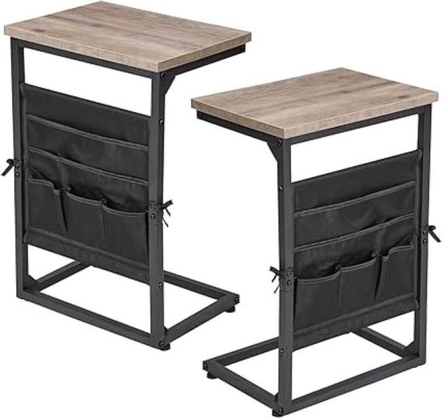 SHOP YOLO YOU ONLY LIVEONCE SHOP YOLO-bijzettafels-C-vorm banktafel set van 2 stuks-houten koffietafel met opbergvakken-banktafel woonkamer met metaal-grijs