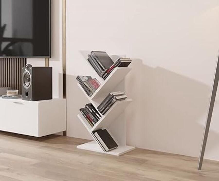 SHOP YOLO YOU ONLY LIVEONCE SHOP YOLO-Boekenplank-Boom Desktop Bureau Boekenkast-Vloerstaande- Opbergrek voor Woonkamer-Thuiskantoor-Slaapkamer of Keuken-5 Planken-wit