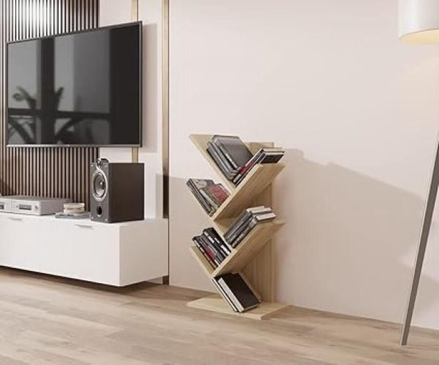 SHOP YOLO YOU ONLY LIVEONCE SHOP YOLO-Boekenplank-Boom Desktop Bureau Boekenkast-Vloerstaande- Opbergrek voor Woonkamer-Thuiskantoor-Slaapkamer of Keuken-5 Planken-Sonoma