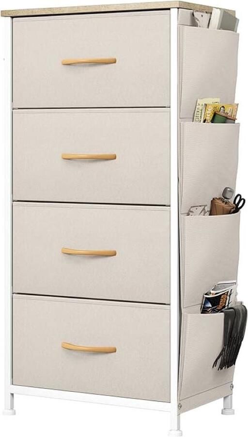 SHOP YOLO YOU ONLY LIVEONCE SHOP YOLO-ladekast-dressoir met zijzakken en haken stof 4 lades met metalen houten blad-voor slaapkamer-woonkamer-beige