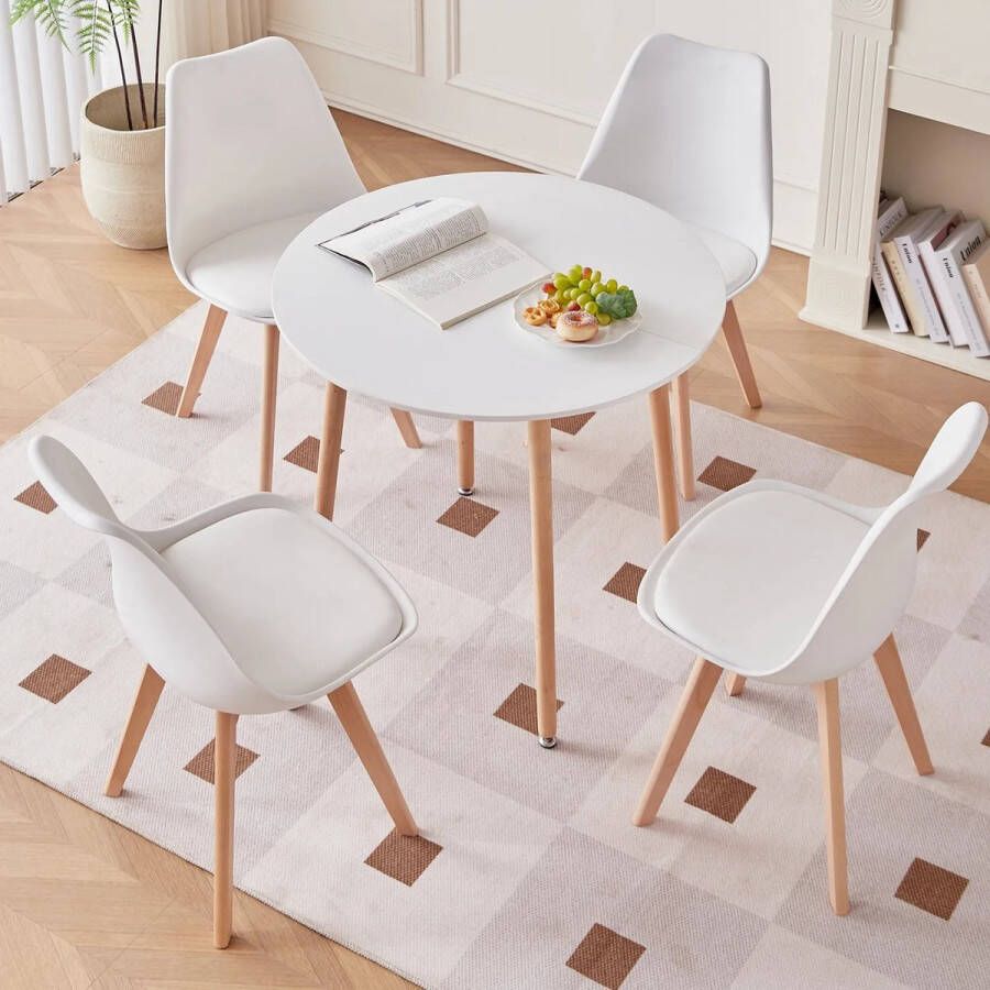 ShopbijStef Eetkamerstoelen set van 4 Stoelenset Eetkamer tafel Eetkamer tafel rond 80 x 80 x 75 cm Wit