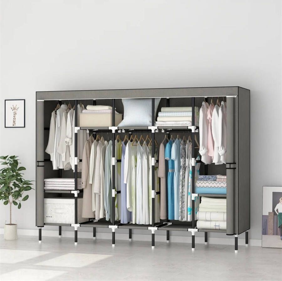 ShopbijStef Kast Kledingkast -Leegohome Kast kledingkasten Slaapkamer kledingkasten kledingkast Slaapkamer kleding kast kledingkast Organizer Garderobe Kast Stalen Stof Kleding Opknoping Grijs