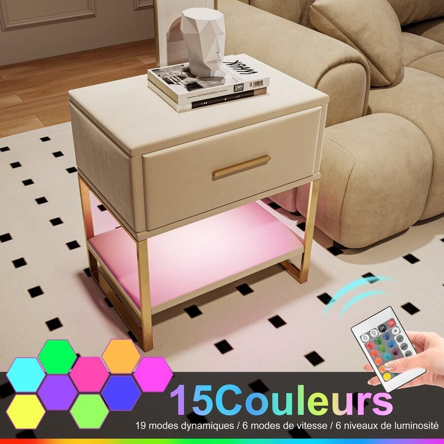 SHOPENTRA 2-delige Nachtkastjes – 1 Lade + Open Opbergruimte met LED-verlichting – Modern Metaal Frame Praktisch en Stijlvol