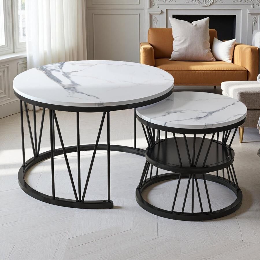 SHOPENTRA 2-delige Ronde Salontafel Set – Zwarte V-Frame Poten + Wit Blad