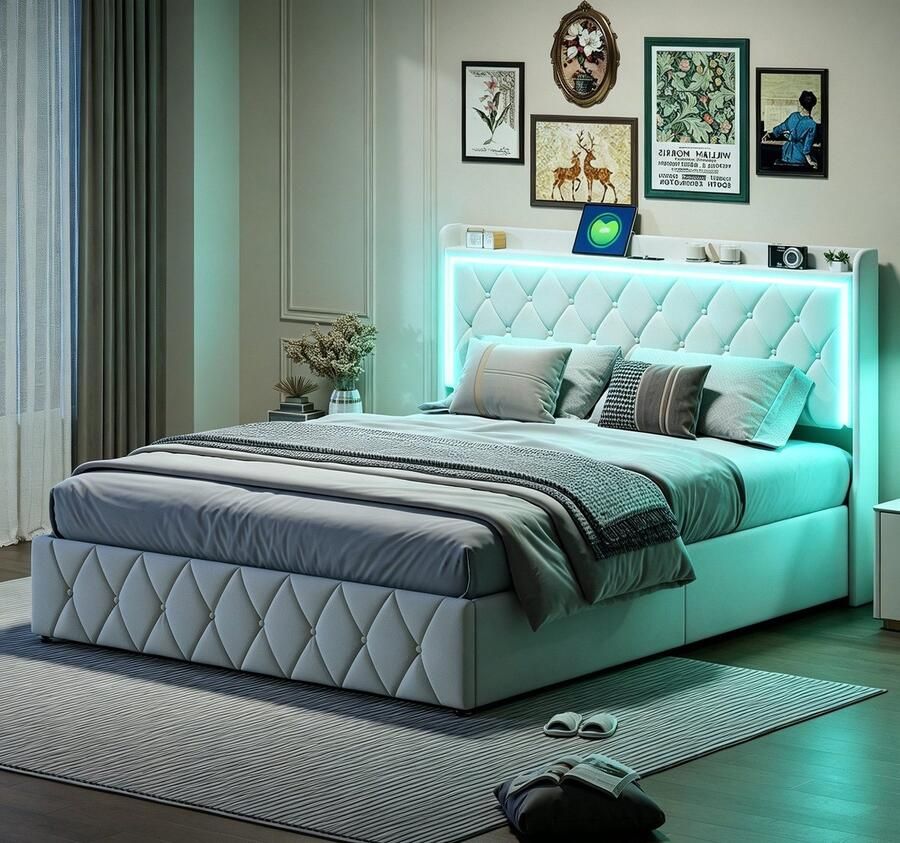 SHOPENTRA Tweepersoonsbed 140x200 cm met LED Verlichting & USB Type-C – Beige