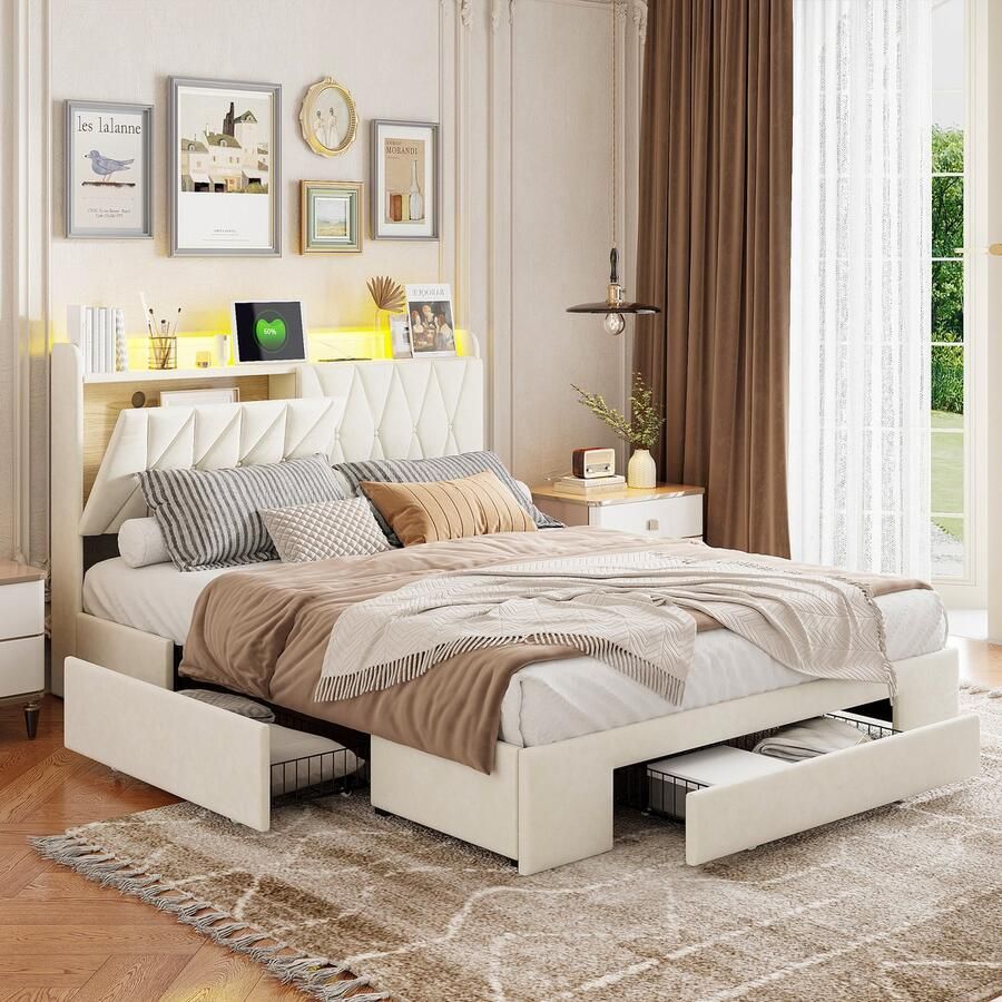 SHOPENTRA Beige Fluwelen Tweepersoonsbed 140x200cm – 3 Laden Opbergbed – LED & USB Ladepoort