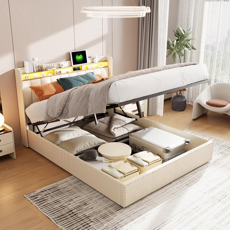 SHOPENTRA Beige Fluwelen Tweepersoonsbed 160x200 cm – Modern Opbergbed met Gasveer & Grote Opbergruimte