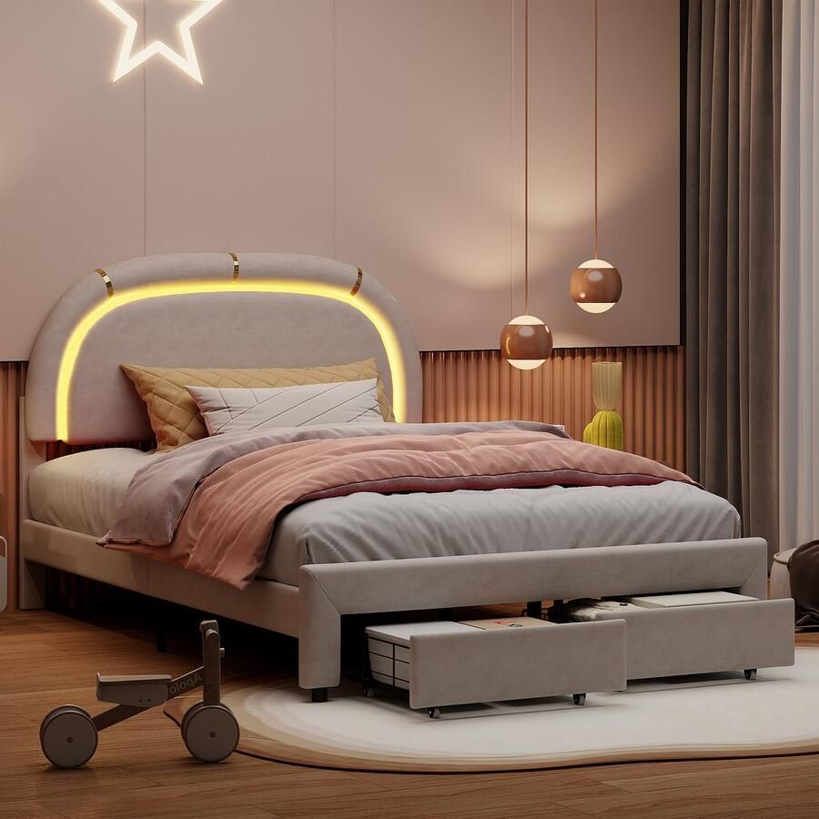 SHOPENTRA Beige gestoffeerd bed 140x200 cm met LED-hoofdbord opbergruimte & 2 lades – bed met lattenbodem zonder matras