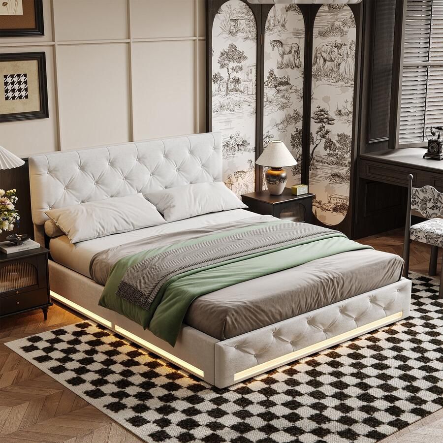 SHOPENTRA Boxspringbed 140x200 cm met Hydraulische Opbergruimte Lattenbodem LED-verlichting Tweepersoonsbed Gestoffeerd in Linnen Beige