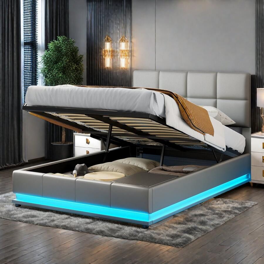 SHOPENTRA Boxspringbed 140x200 cm met LED Verlichting & Hydraulische Opbergruimte Lattenbodem Kunstleer Grijs Tweepersoonsbed Volwassenen & Jeugd