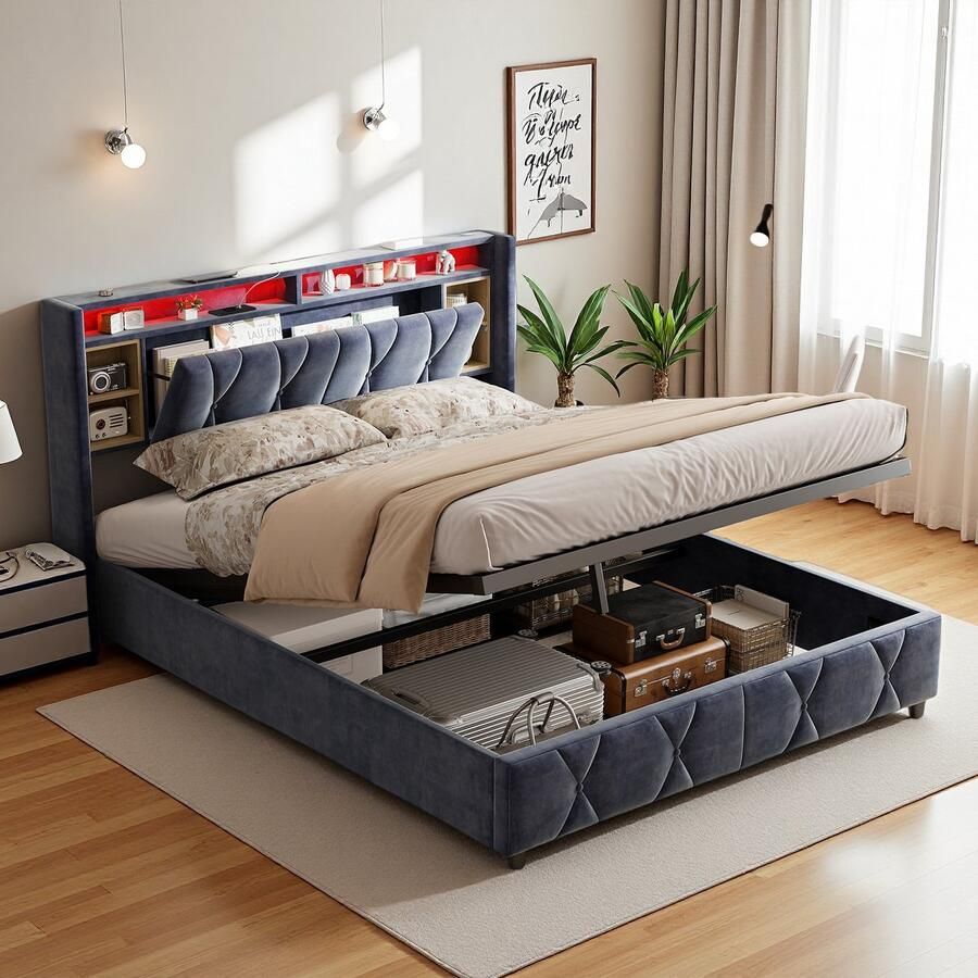 SHOPENTRA Boxspringbed 160x200 cm met LED Hoofdbord USB-C Oplaadpunt Lattenbodem en Opbergruimte Gestoffeerd Tweepersoonsbed Grijs Fluweel