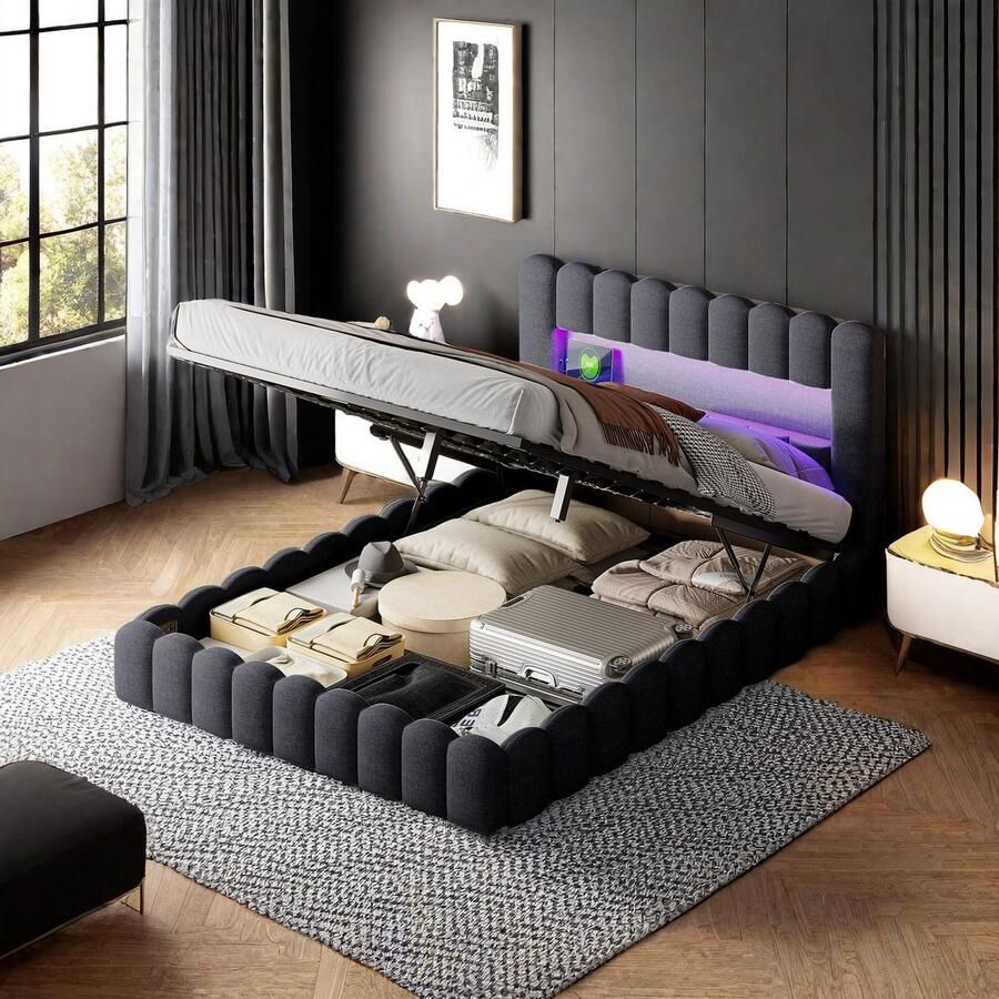 SHOPENTRA Comfortabel tweepersoonsbed 180x200cm met USB-opladen LED-verlichting en ruime opbergruimte. Ideaal voor slaapkamer of jeugd­kamer