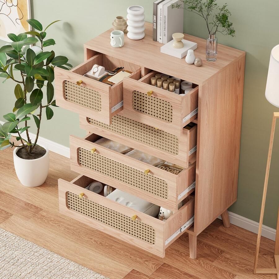 SHOPENTRA Compact dressoir 60x24x91 cm met 5 lades. Ideaal voor woonkamer slaapkamer of hal combineert stijl en praktische opslag