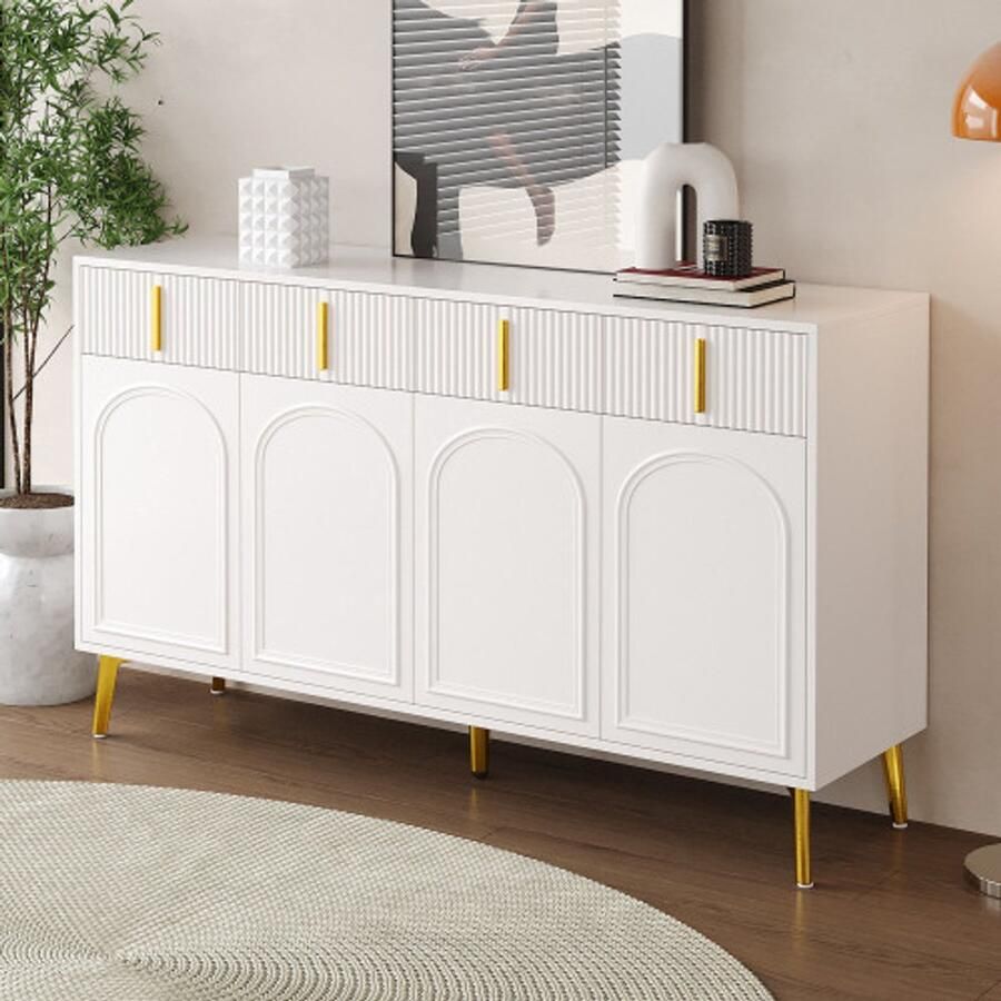 SHOPENTRA Dressoir 140x37 8x82 cm – 4 deuren 4 lades met gouden handgrepen en poten uitneembaar laminat geschikt voor woonkamer & eetkamer