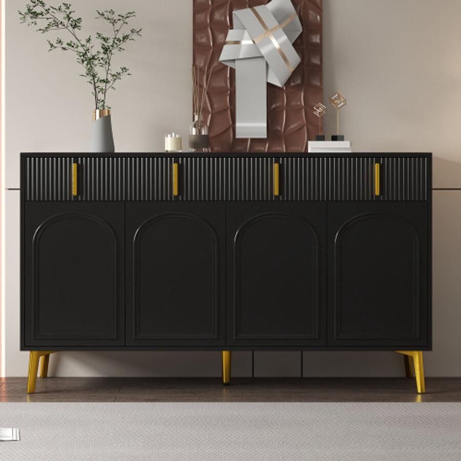 SHOPENTRA Dressoir 140x38x82 cm – 4 deuren 4 lades met gouden handgrepen en poten uitneembaar laminat ideaal voor woonkamer & eetkamer