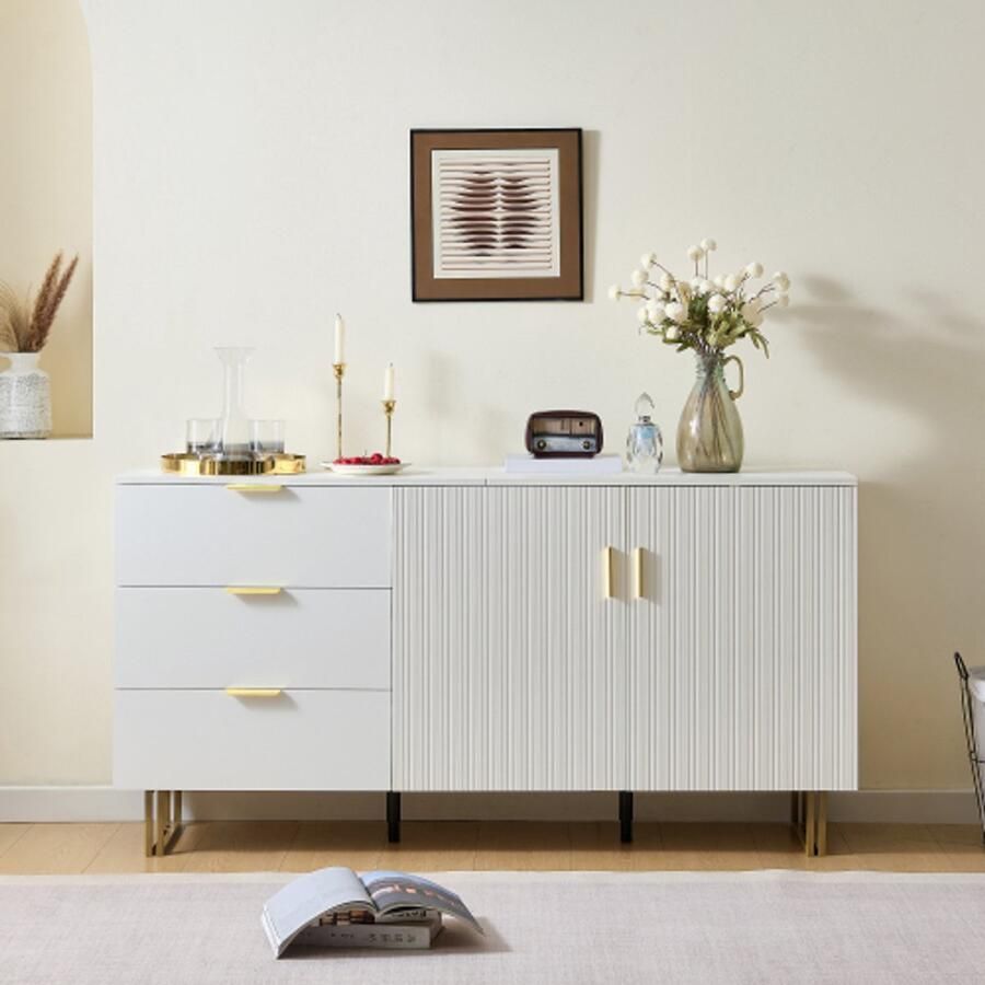 SHOPENTRA Dressoir 160 cm – Moderne Opbergkast met 2 Deuren en 3 Lades MDF met Gouden Handgrepen & Stalen Poten Voor Woonkamer & Eetkamer