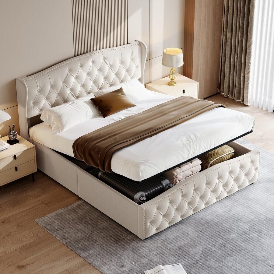 SHOPENTRA Elegant boxspringbed 160x200cm met lattenbodem hydraulische opbergruimte. Gestoffeerd in wit fluweel ideaal voor slaapkamer of jeugdkamer