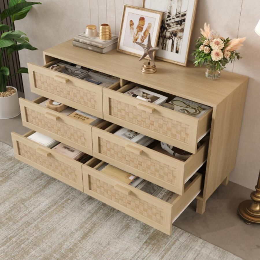 SHOPENTRA Elegant dressoir en commode van massief hout 120x40x75 cm – 6 lades met rotanlook veel opbergruimte ideaal voor slaapkamer