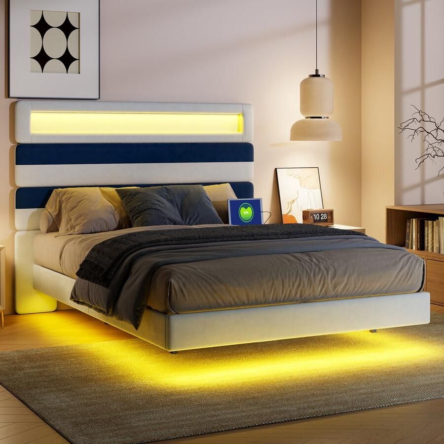 SHOPENTRA Elegant tweepersoonsbed (140x190 cm) met verstelbaar hoofdbord USB-poorten en LED-verlichting. Bekleed met zachte velvet in beige en blauw