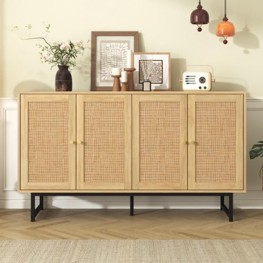 SHOPENTRA Eleganter Sideboard mit Echtem Rattangeflecht – 140x39 5x80 cm 4 Türen für Stil & Stauraum