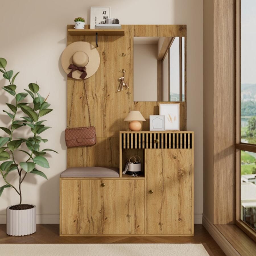 SHOPENTRA Garderobeset 110x185 5x37 cm – Compacte garderobe met spiegel & kussen plank schoenenkast & halgarderobe modern meubel voor gang & entree