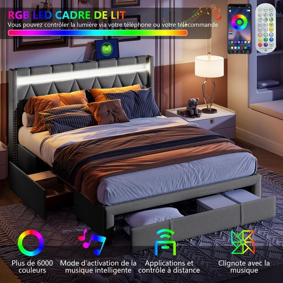 SHOPENTRA Gestoffeerd tweepersoonsbed 140 x 200 cm 3 schuifladen met opbergruimte hoofdeinde met ledverlichting en USB-oplaadfunctie modern voor jeugd bedframe met lattenbodem linnen grijs