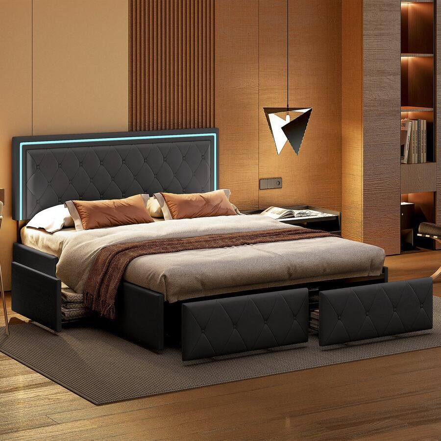 SHOPENTRA Gestoffeerd tweepersoonsbed 140 x 200 cm 3 schuifladen met opbergruimte voor jeugd bedframe met lattenbodem PU grijs