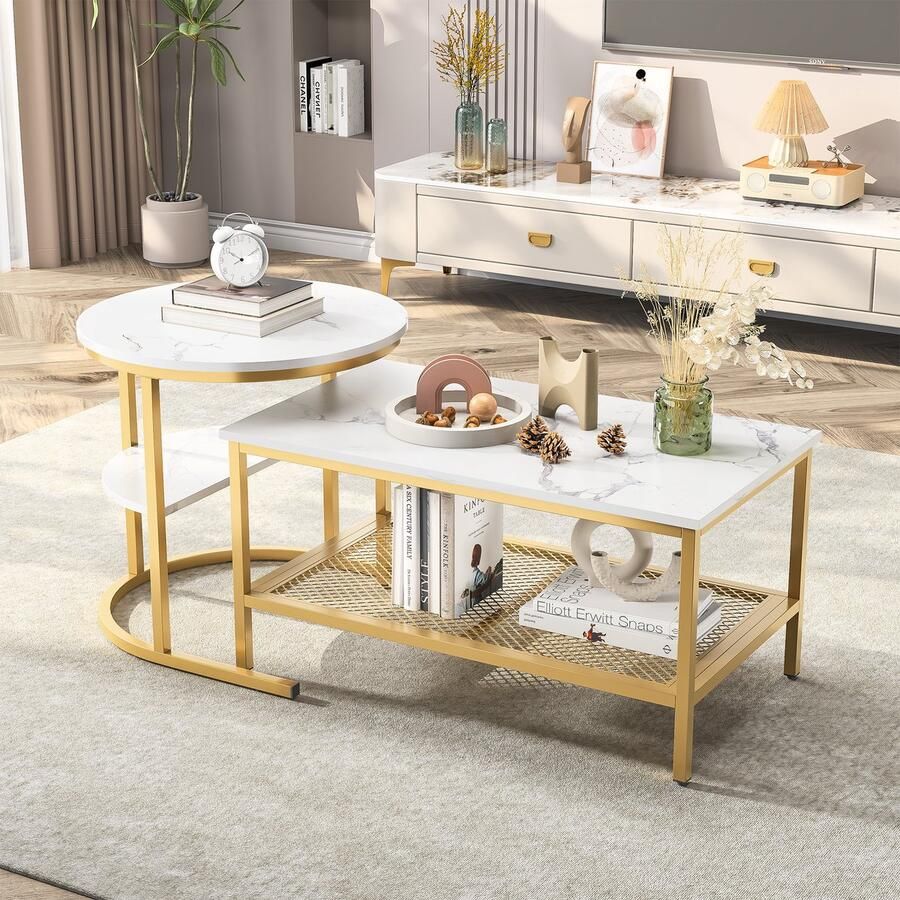SHOPENTRA Goedkope salontafel set 2-delig – Marmerlook wit met goud frame – Praktische koffietafel met opbergruimte