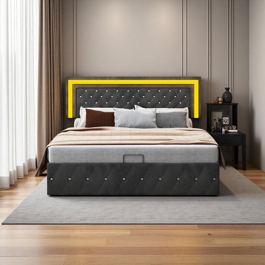 SHOPENTRA Hydraulisch boxspringbed 160x200 cm zwart fluwelen bed met knoophoofdbord LED-verlichting en opbergruimte