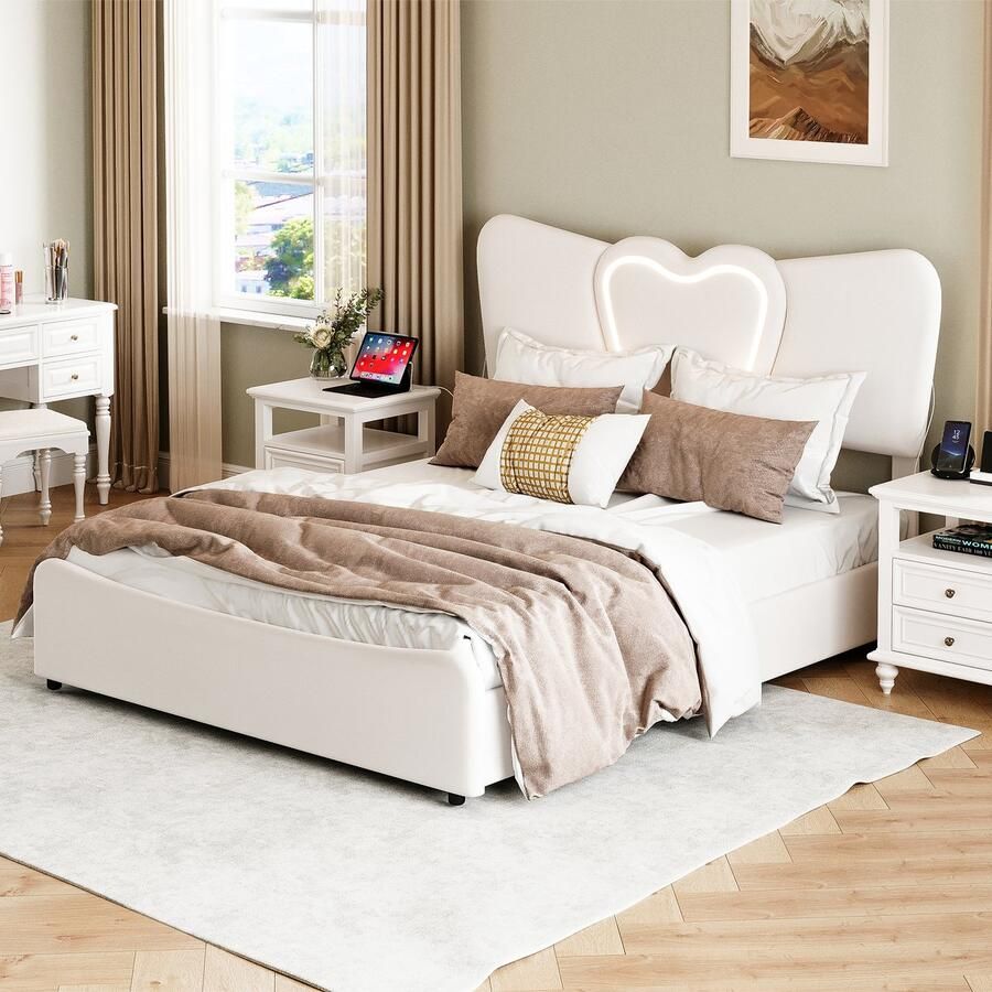 SHOPENTRA Hydraulisch gestoffeerd bed 140x200cm met USB tweepersoonsbed met opbergruimte en LED boxspringbed houten bed met lattenbodem fluweel beige