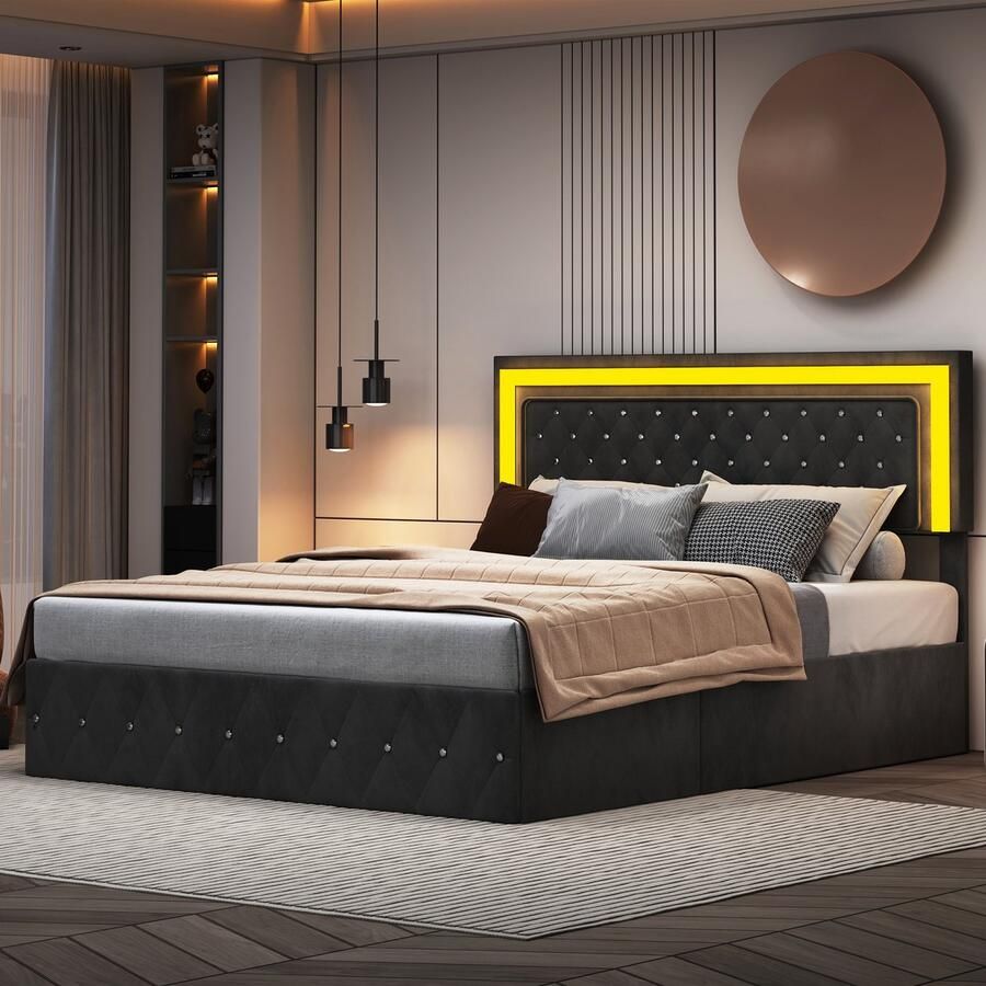 SHOPENTRA Hydraulisch opbergbed 140x200 cm zwart fluwelen bed met knoopdesign LED sfeerverlichting luxe design