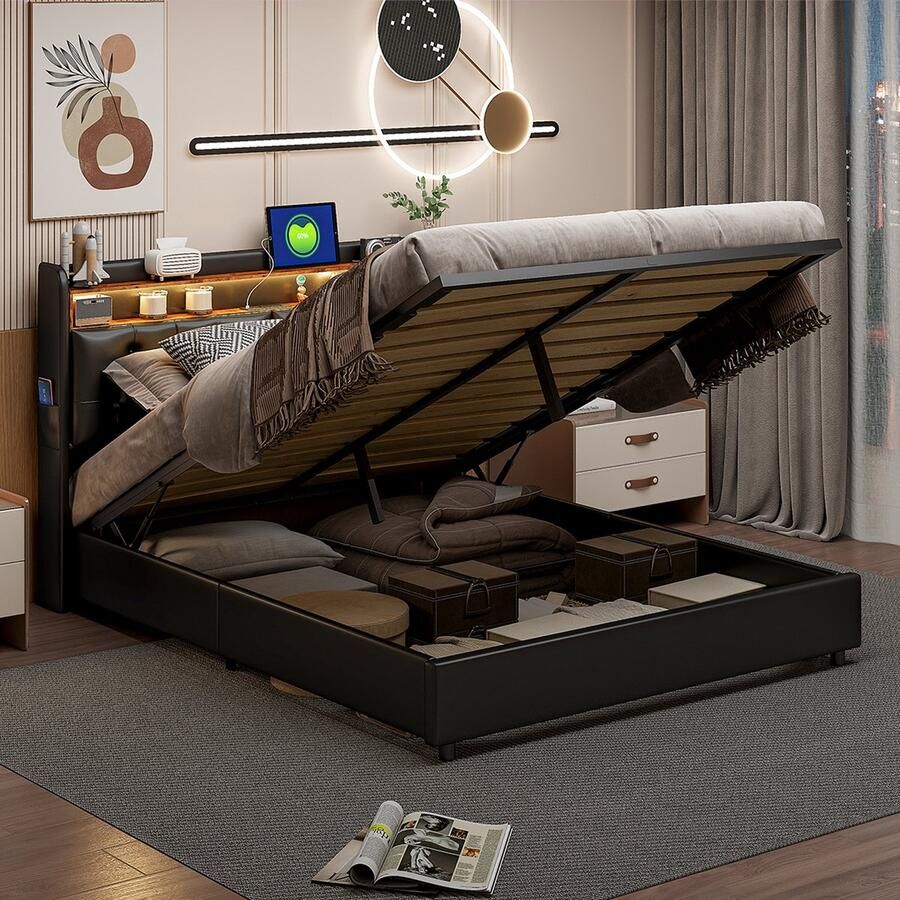 SHOPENTRA Hydraulisch opbergbed 140x200 cm zwart PU hoofdbord met LED-verlichting gasveer opbergsysteem