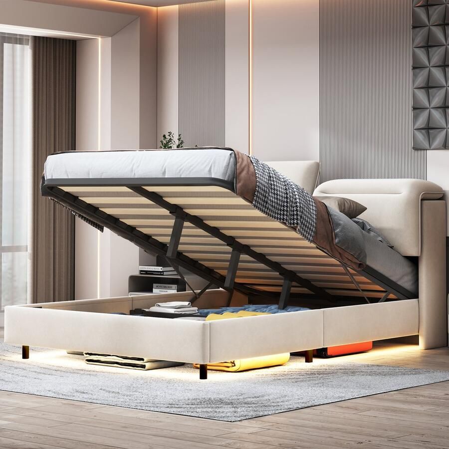 SHOPENTRA Hydraulisch opbergbed 160x200 cm met LED-verlichting onder bed Inklapbaar hoofdeinde & verborgen voeteneinde Tweepersoons beige