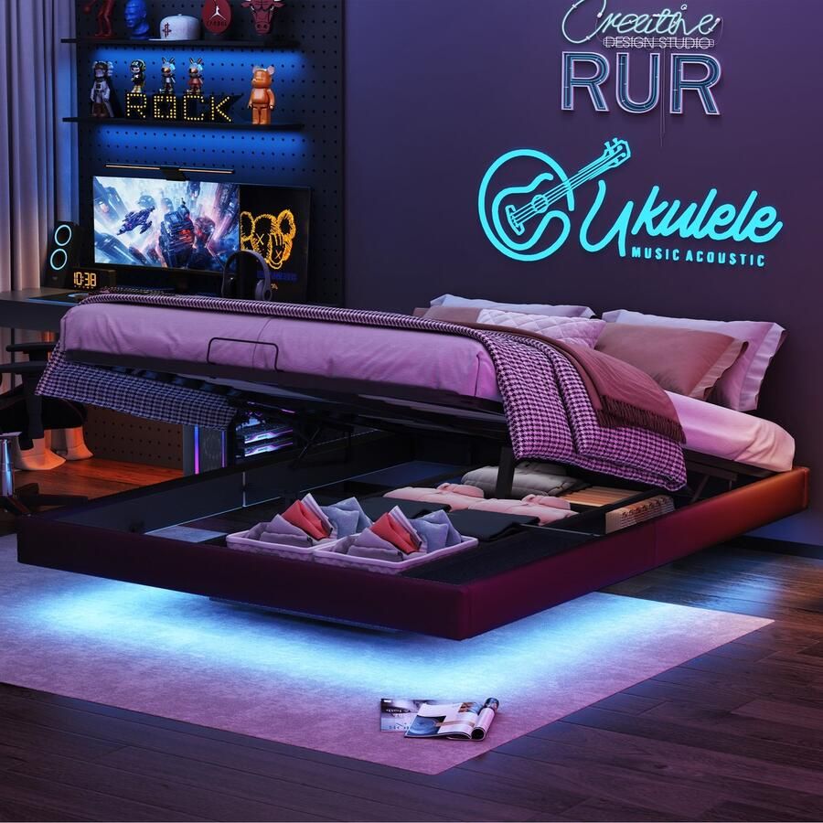 SHOPENTRA Hydraulisch opbergbed 160x200 cm zwart bedframe zonder hoofdbord met LED-verlichting onder bed