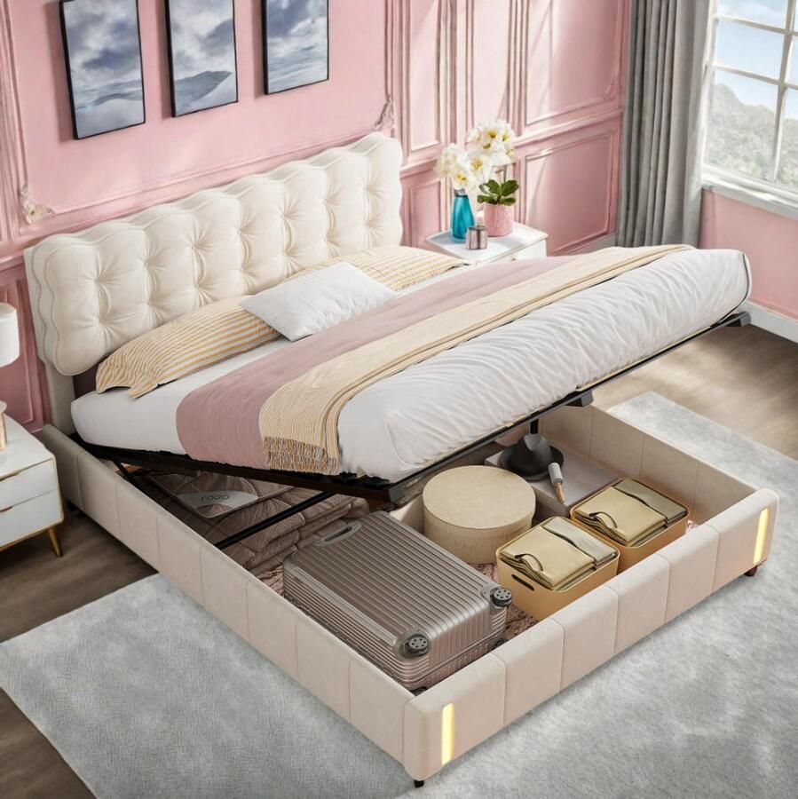 SHOPENTRA Hydraulisch Tweepersoonsbed 140x200cm met Opbergruimte LED Bedlamp en Beige Fluwelen Bekleding