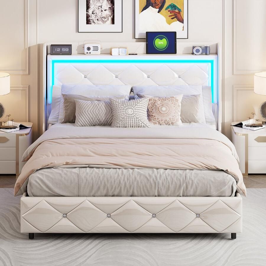 SHOPENTRA Hydraulisch Tweepersoonsbed 160x200cm Wit PU LED-verlichting USB & Type-C Lattenbodem Opbergbed