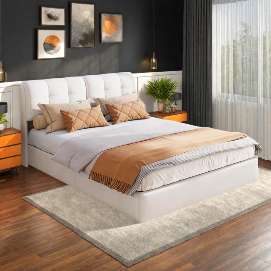 SHOPENTRA Hydraulisch Tweepersoonsbed 160x200cm 7-kleuren LED Blokken Hoofdeinde Lattenbodem beige