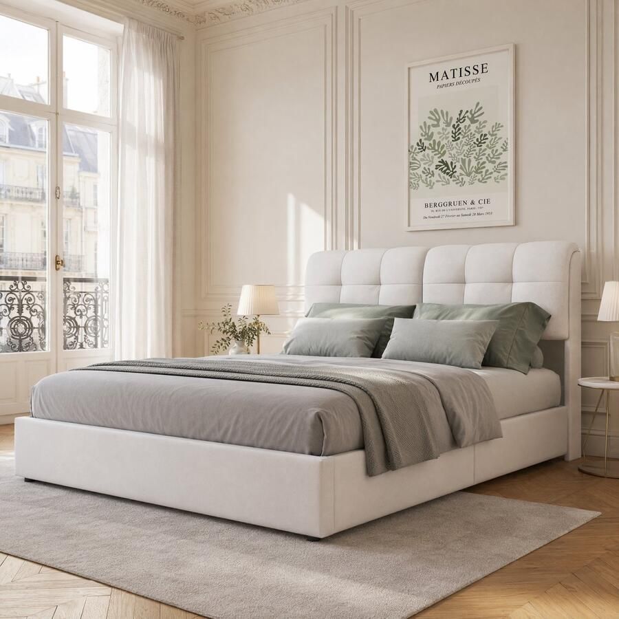 Opbergbed 160x200 cm – Beige Fluwelen Tweepersoonsbed met Hydraulische Opbergruimte LED-Verlichting en Gestoffeerd Hoofdbord