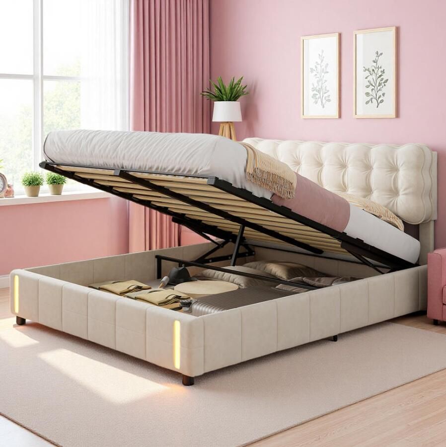 SHOPENTRA Hydraulisch Tweepersoonsbed 160x200cm met Opbergruimte LED Bedlamp en Beige Fluwelen Bekleding