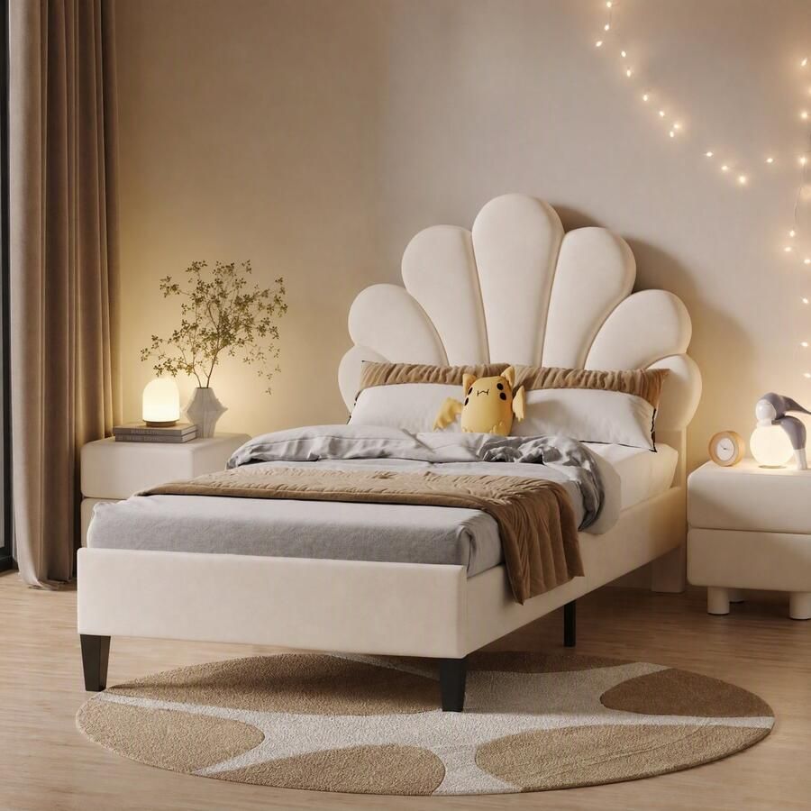 SHOPENTRA Eenpersoonsbed 90x200 cm met bloemvorm hoofdbord velvet beige kinderbed tienerbed met lattenbodem design bedframe slaapkamermeubel - Foto 2