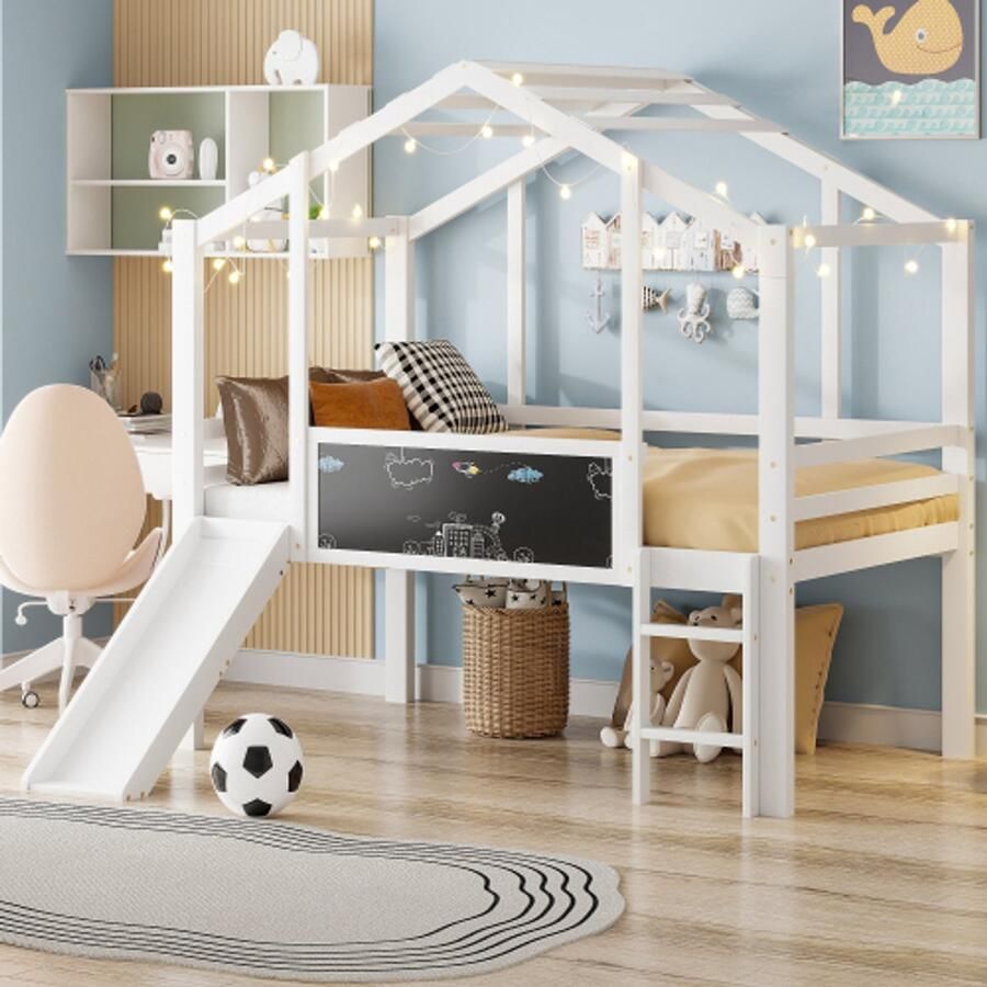 SHOPENTRA Kinderbed 90x200 cm in zolderstijl – Massief houten hoogslaper in wit met veiligheidsladder glijbaan & krijtbord – Multifunctioneel eenpersoonsbed voor kinderkamer