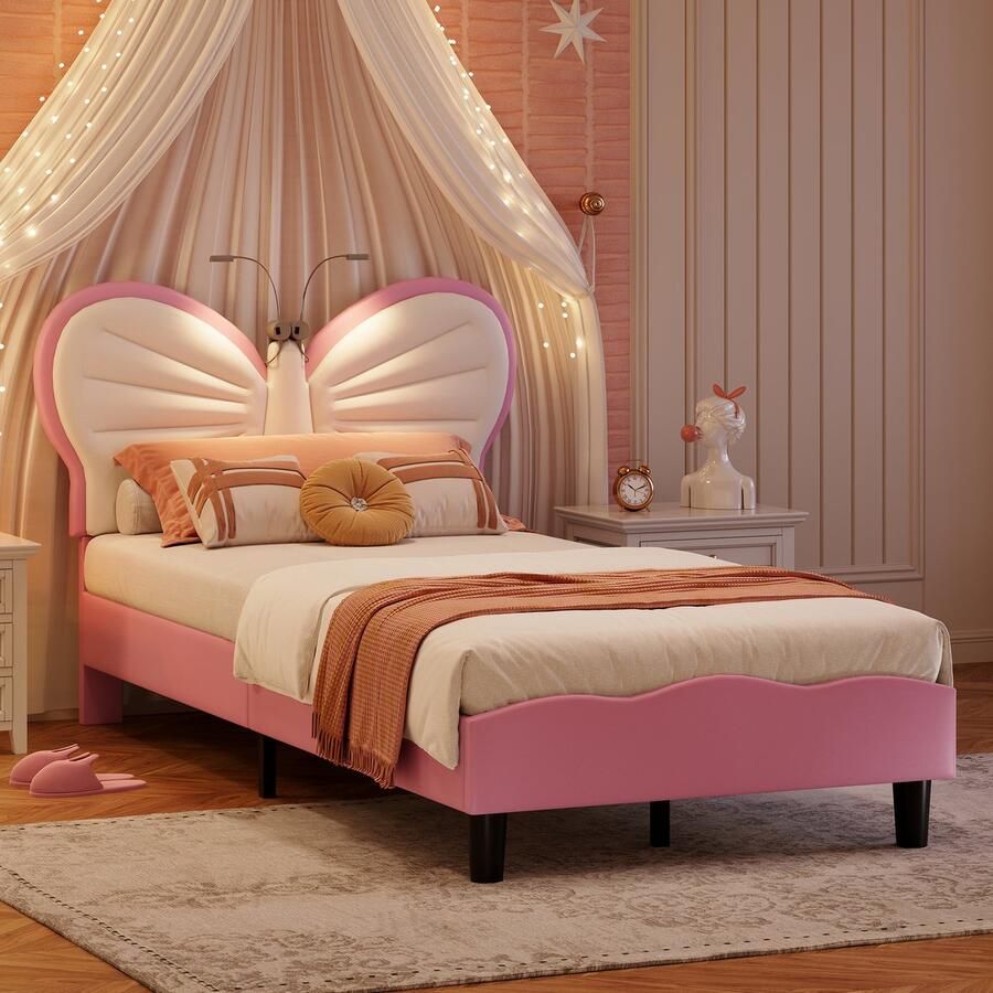 SHOPENTRA Kinderbed 90x200 cm LED tienerbed met lattenbodem eenpersoonsbed klassiek bed kinderbed massief hout roze