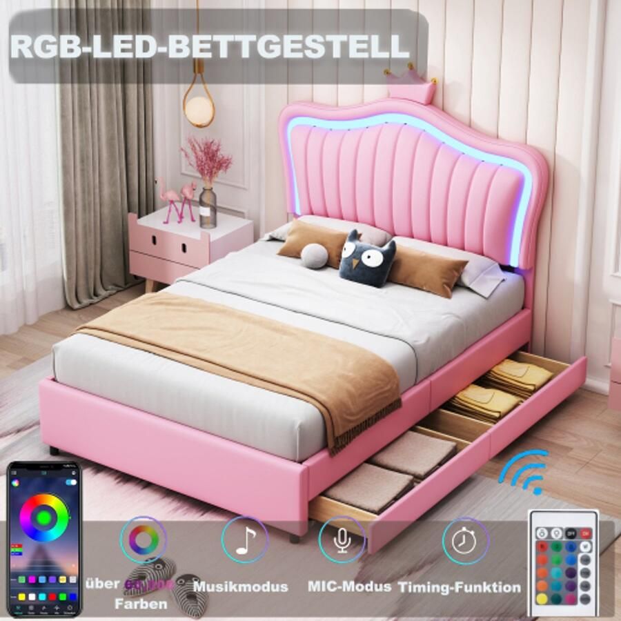 SHOPENTRA Kinderbed 90x200 cm – Roze meisjesbed met kroon PU-leer opberglades LED-verlichting en lattenbodem
