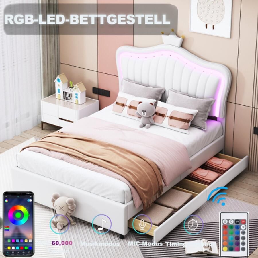 SHOPENTRA Kinderbed 90x200 cm – Wit meisjesbed met kroon PU-leer opberglades LED-verlichting en lattenbodem