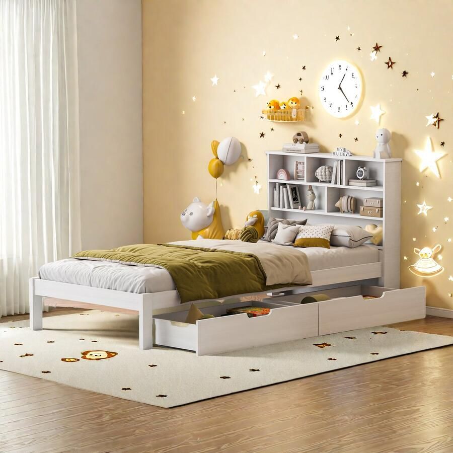 SHOPENTRA Kinderbed 90x200cm met 2 lades eenpersoonsbed massief houten bed met planken en lattenbodem kinderbed met schoolbord wit