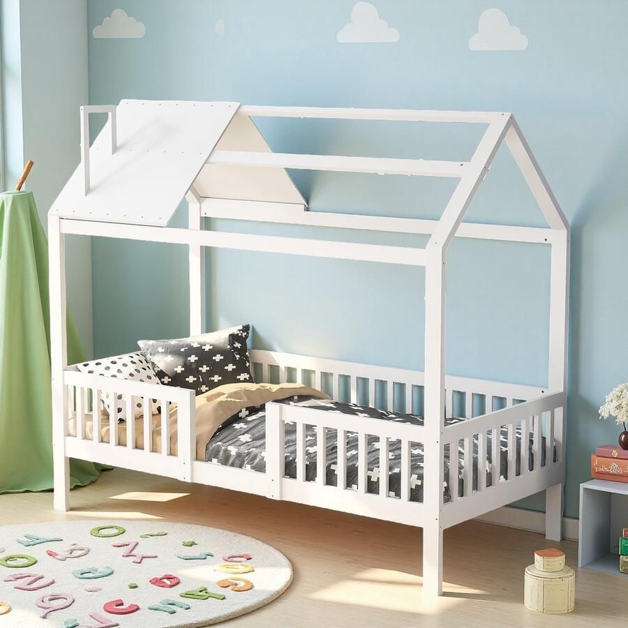 SHOPENTRA Kinderbed 90x200cm met valbeveiliging en schoorsteen huisbed vloerbed grenenhouten bed eenpersoonsbed met lattenbodem wit