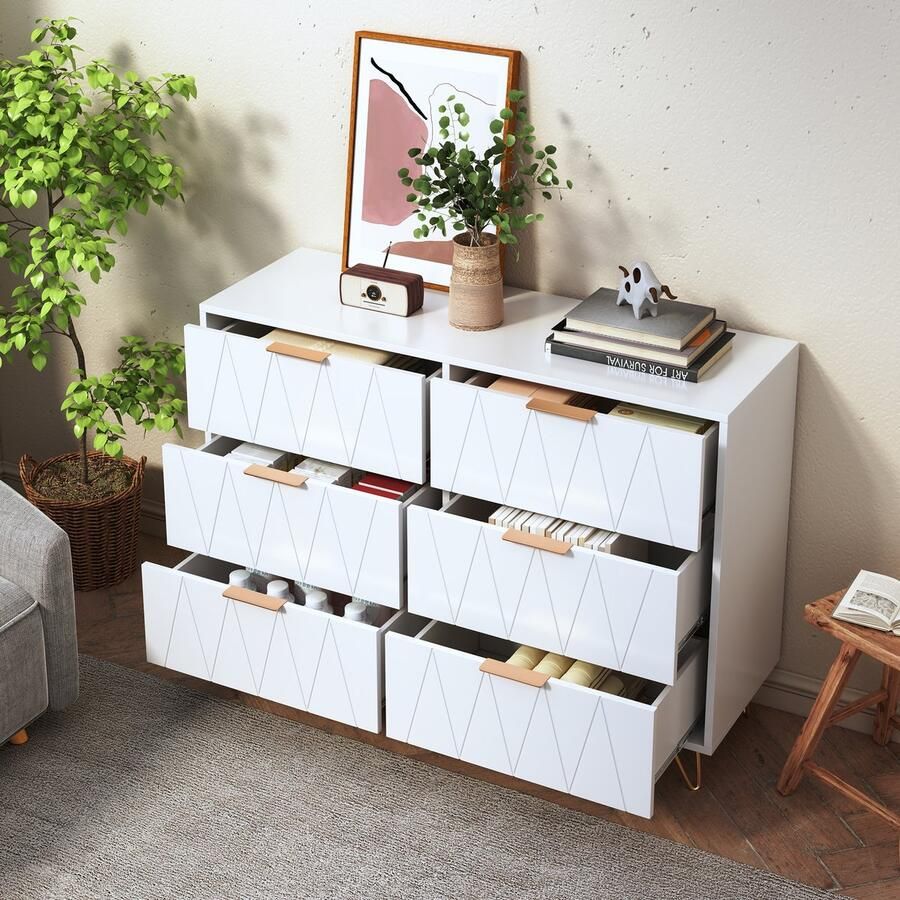 SHOPENTRA Kommode met 6 lades wit dressoir 100x34x72.5 cm sideboard met gouden metalen poten woonkamer kast