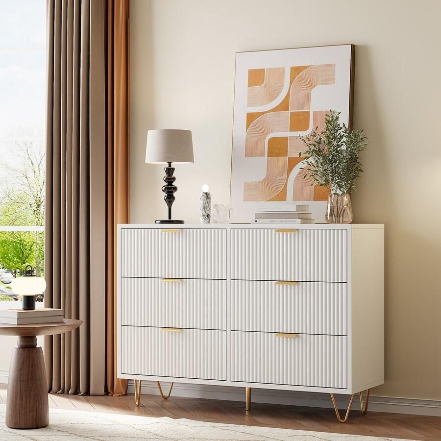 SHOPENTRA Kommode met 6 Stoffen Laden Opbergkast Sideboard in Wit Voor Woonkamer Slaapkamer Hal Keuken of Kantoor